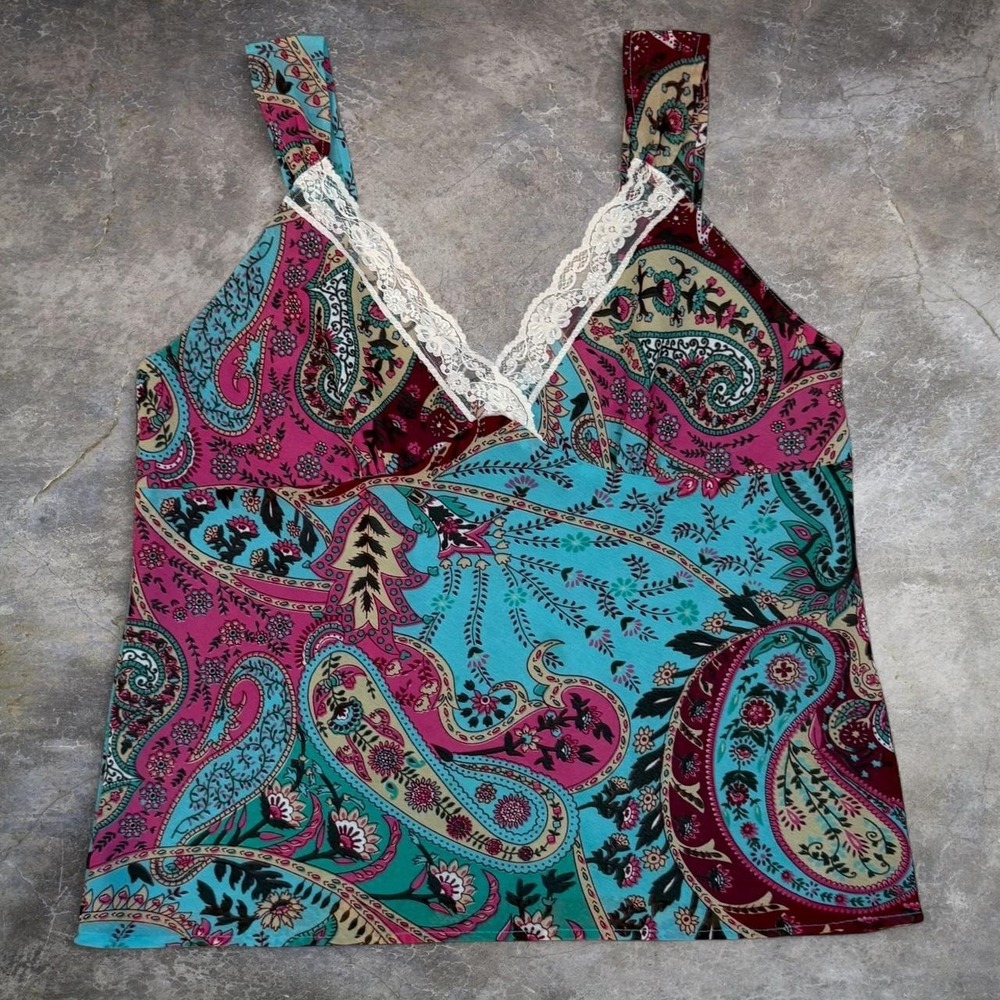 Vintage Zero Zero 2000s Paisley Lace Cami Top Womens Size XL BOHO Whimsygoth Y2K